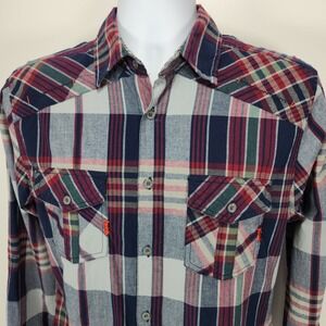 Carbon Shirt Mens M Blue Maroon Plaid 100% Cotton Pockets Slim Fit Metal Buttons